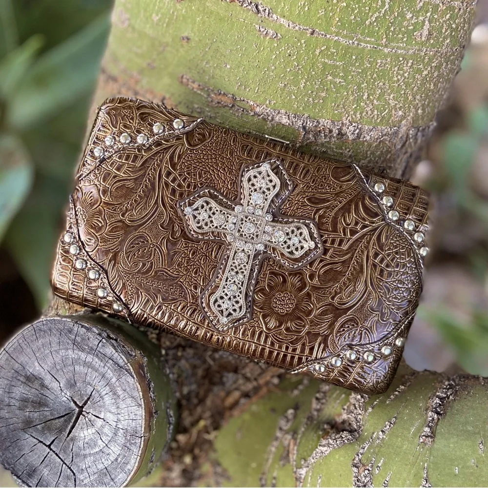 Western Hardcase Wallet, Clutch Purse Embellished Cross